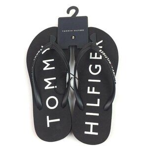 Tommy Hilfiger Womens Black Flip Flops Beach Sandals With Logo Strap Size 5